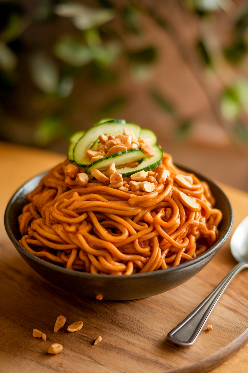 Indoor bowl of lo mein noodles coated in glossy peanut sauce, topped with cucumber ribbons and chopped peanuts. Warm light, no logos. Photo.
