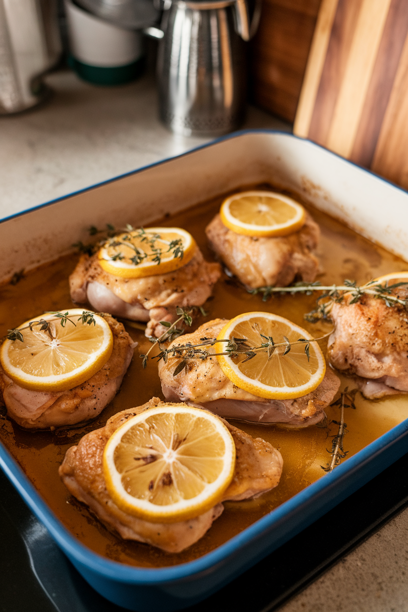 An indoor kitchen counter featuring a baking dish of golden chicken thighs topped with thin lemon slices and fresh thyme sprigs, pan juices shimmering around the edges. No text or logos visible. Photo, not illustration.