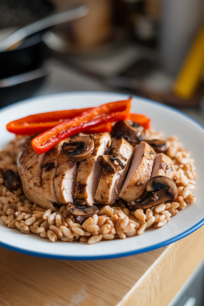 Indoor photo of balsamic mushroom chicken breast, farro, and roasted red pepper strips on a plate. No text or logos.