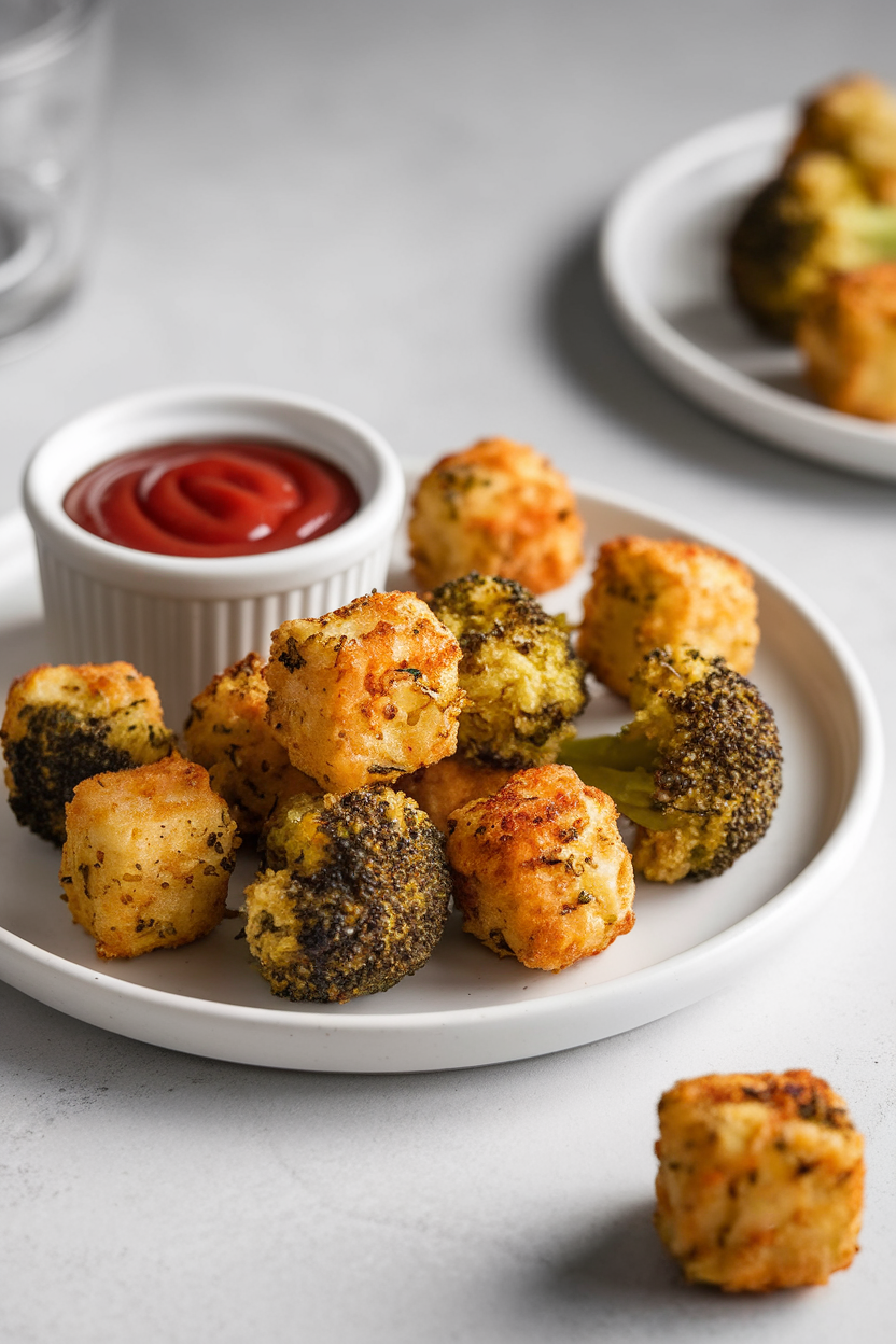 Photo of bite-size baked broccoli tots on a white plate with a small ramekin of ketchup, indoors. No text or logos. Photo, not illustration.