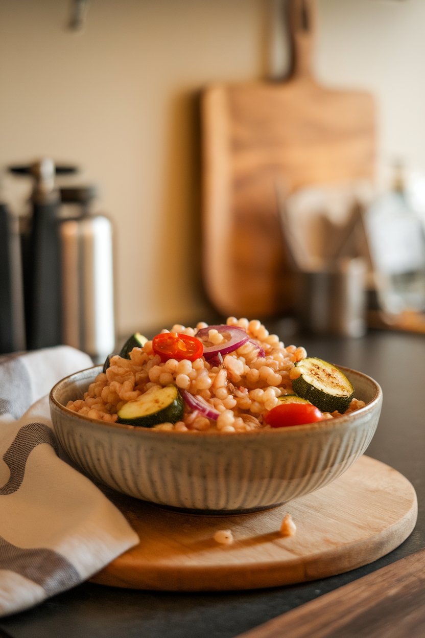 A bowl on an indoor counter displaying pearl barley mixed with roasted zucchini, red onion, and cherry tomatoes. No text or logos; photo only.