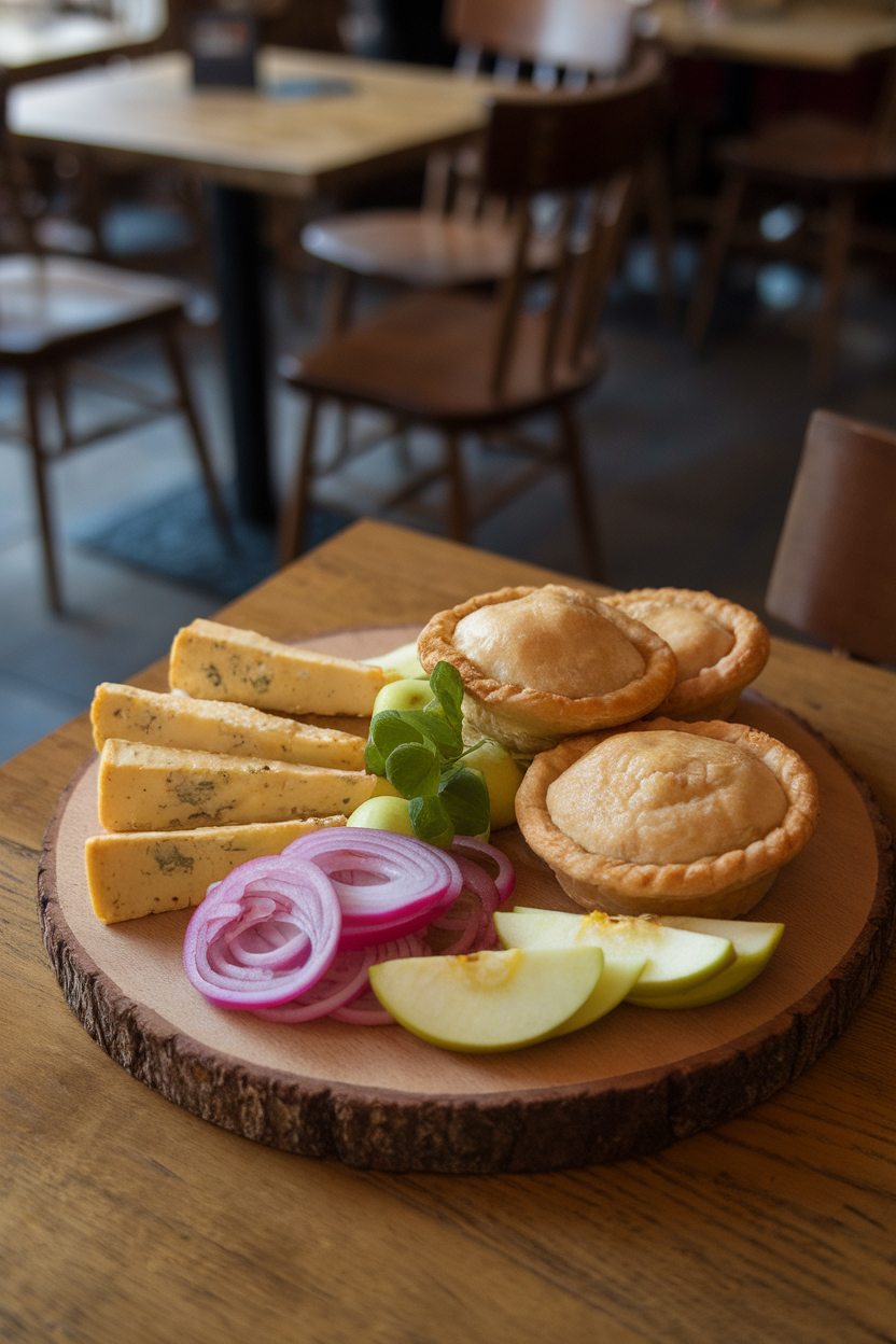 Indoor pub table with a wooden board carrying Stilton wedges, pork pies, pickled onions, and apple slices; no visible logos or text.