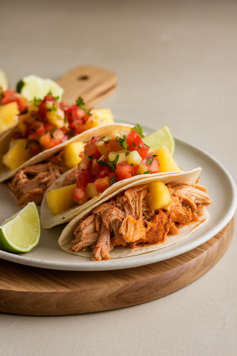 Photo of tortillas packed with pulled chicken and pineapple chunks, topped with tomato-pineapple salsa, indoor setting, no logos.