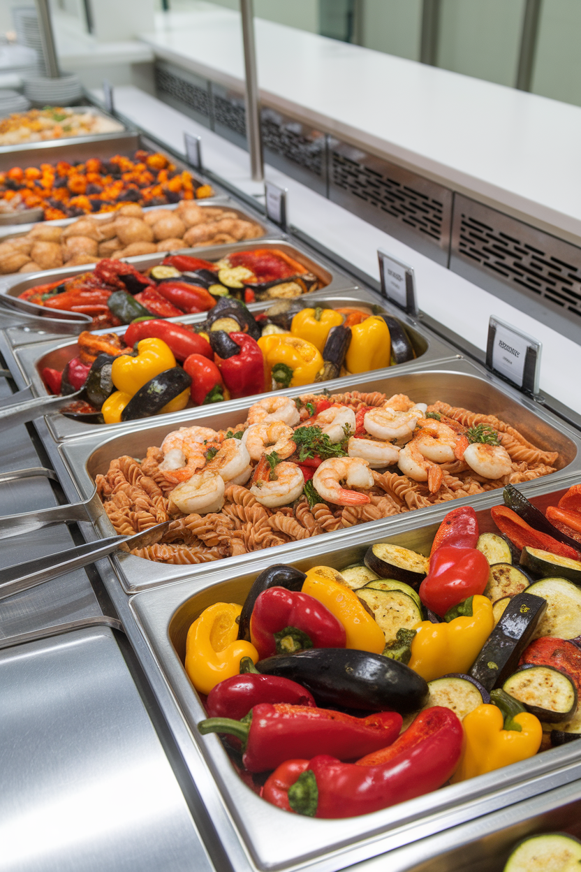 Indoor buffet of colorful roasted vegetables, whole-grain pasta, and lean proteins, arranged in stainless pans, no text or logos. Photo.