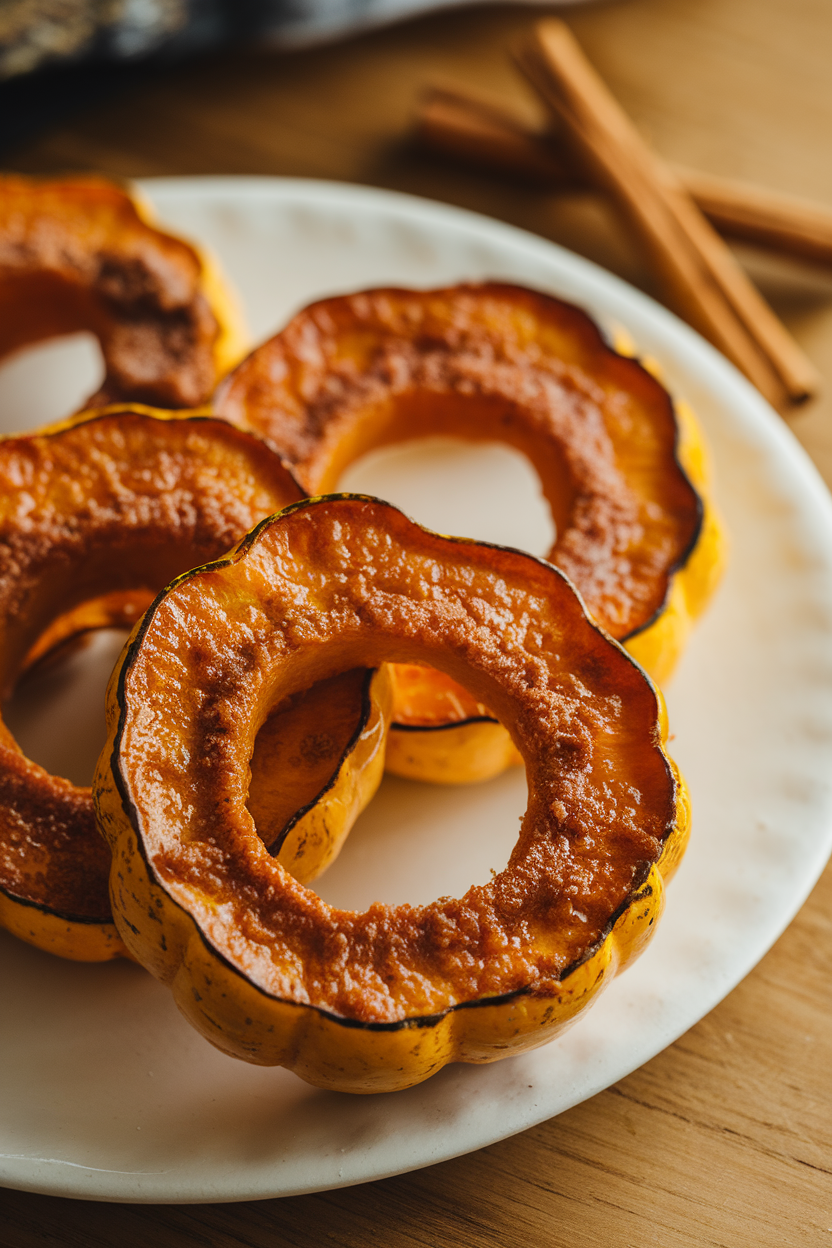 Indoor photo of roasted delicata squash rings glazed with brown sugar and cinnamon on a white plate. No text or logos.