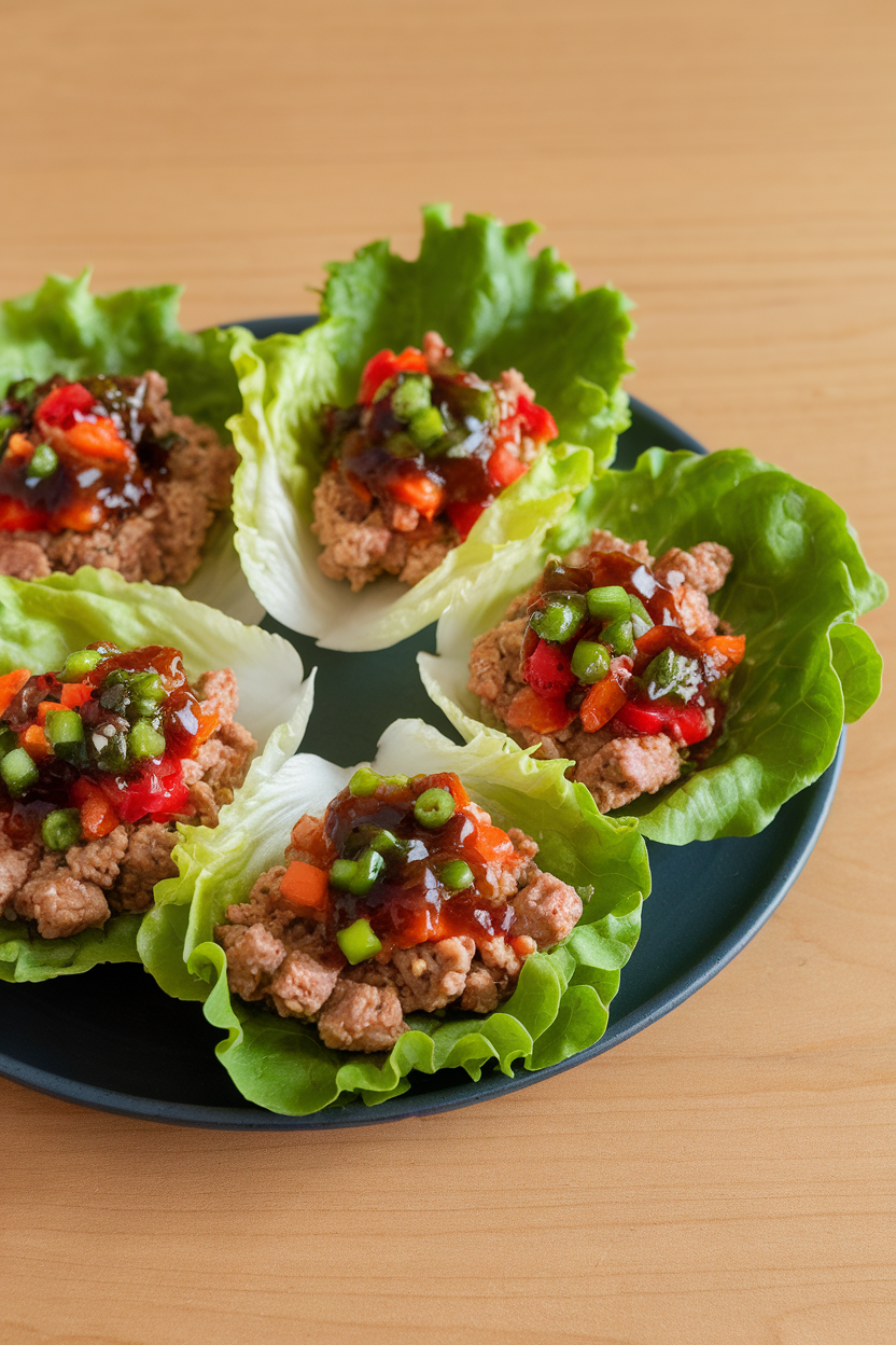 An indoor plate of crisp lettuce cups filled with ground turkey in a shiny ginger-soy glaze, finely diced veggies sprinkled on top; no text or logos, photo not illustration.