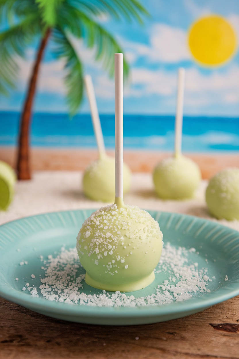 Photo, not illustration. Indoor bright beachfront cottage vibe. Light green key lime cake pops sprinkled with white sanding sugar, on a turquoise plate. No text or logos.