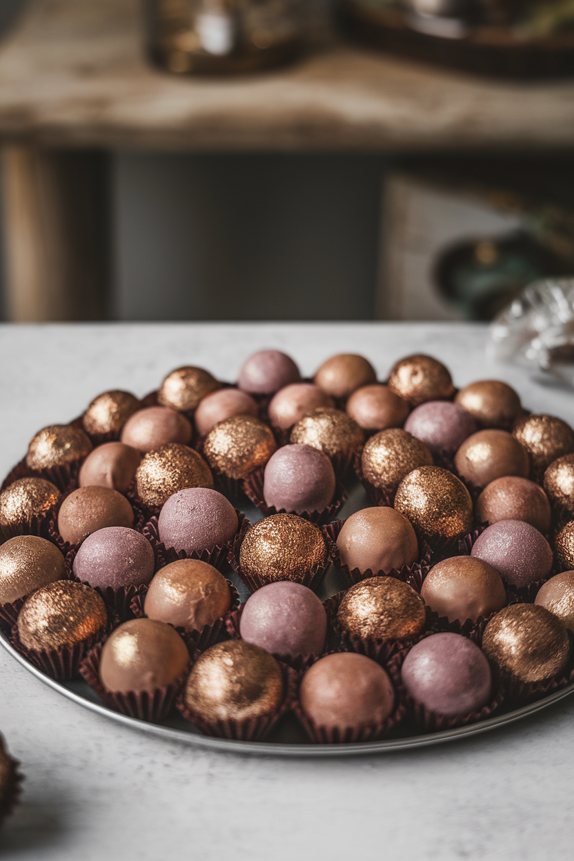 Indoor image of assorted round chocolate truffles with metallic luster dust on a tray, no text or logos