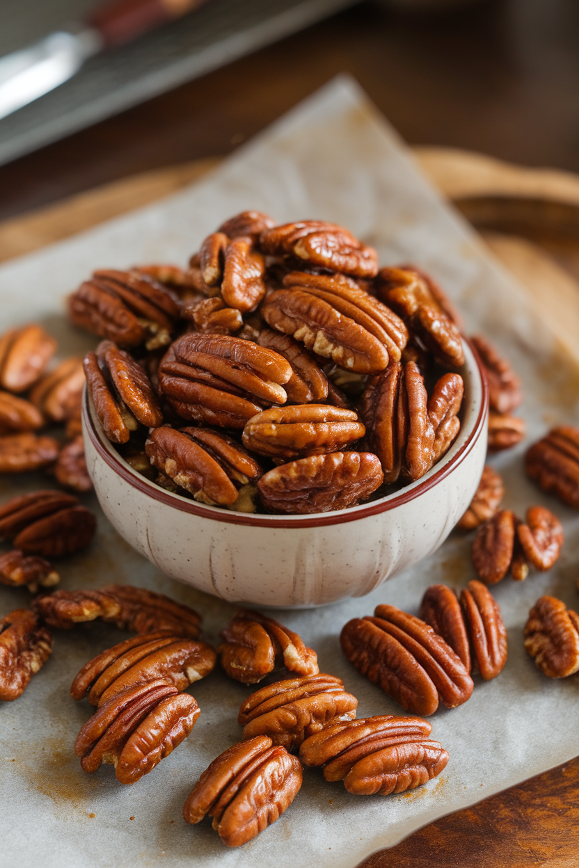 Indoor photo of glazed pecans coated in a shiny spicy-maple crust, spread on parchment to cool. No logos or text visible.