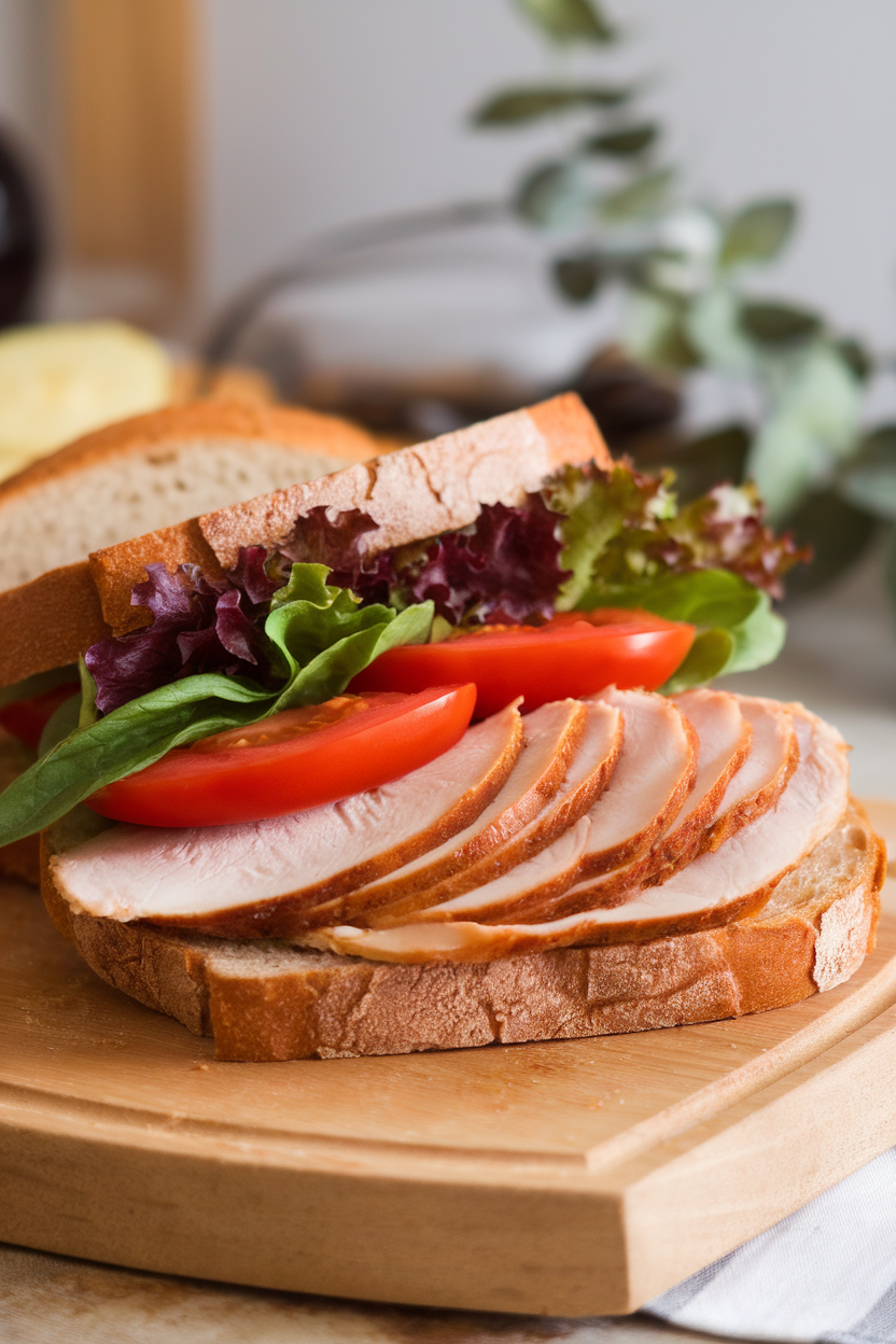 Photo of an indoor sandwich board featuring sliced roasted turkey breast, fresh tomato, and leafy greens on whole-wheat bread. No text or logos visible.