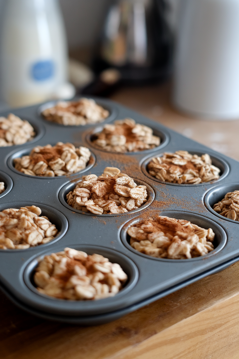 Indoor muffin tin filled with cooled steel-cut oat cups sprinkled with cinnamon. No text or logos present.