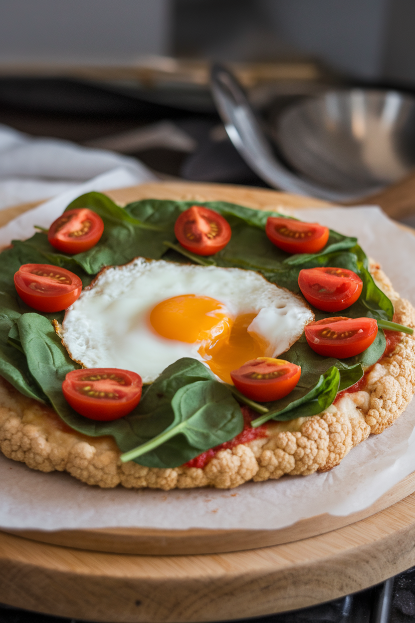 Indoor pizza stone showing a cauliflower crust pizza topped with spinach, cherry tomatoes, and a cracked egg at the center, yolk set. No text or logos.