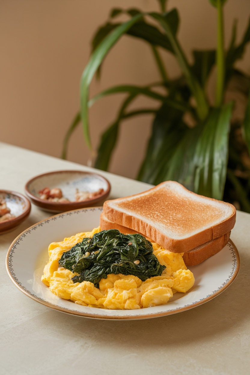 Indoor photo of a breakfast plate with scrambled eggs topped with sautéed spinach on a dining table; no text or logos.