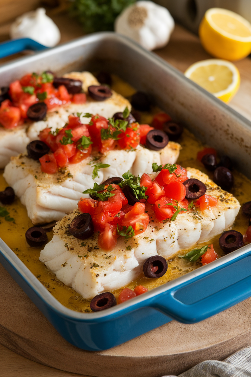Photo of a baking dish containing flaky baked cod fillets topped with diced tomato, olives, and parsley. Indoor lighting, no text or logos.</Prompt