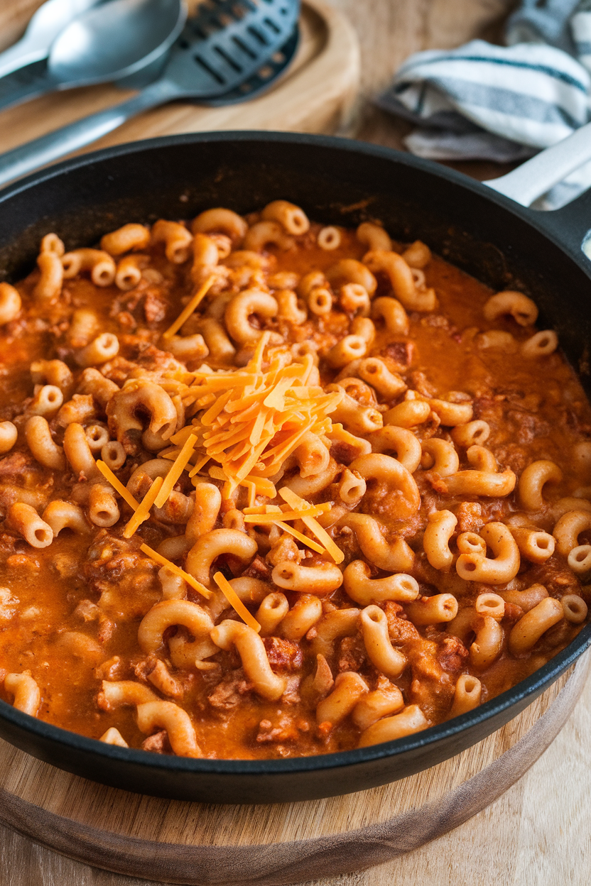 Indoor photo of a skillet with whole-wheat elbow pasta mixed into turkey chili, topped with a sprinkle of cheddar, no text or logos.