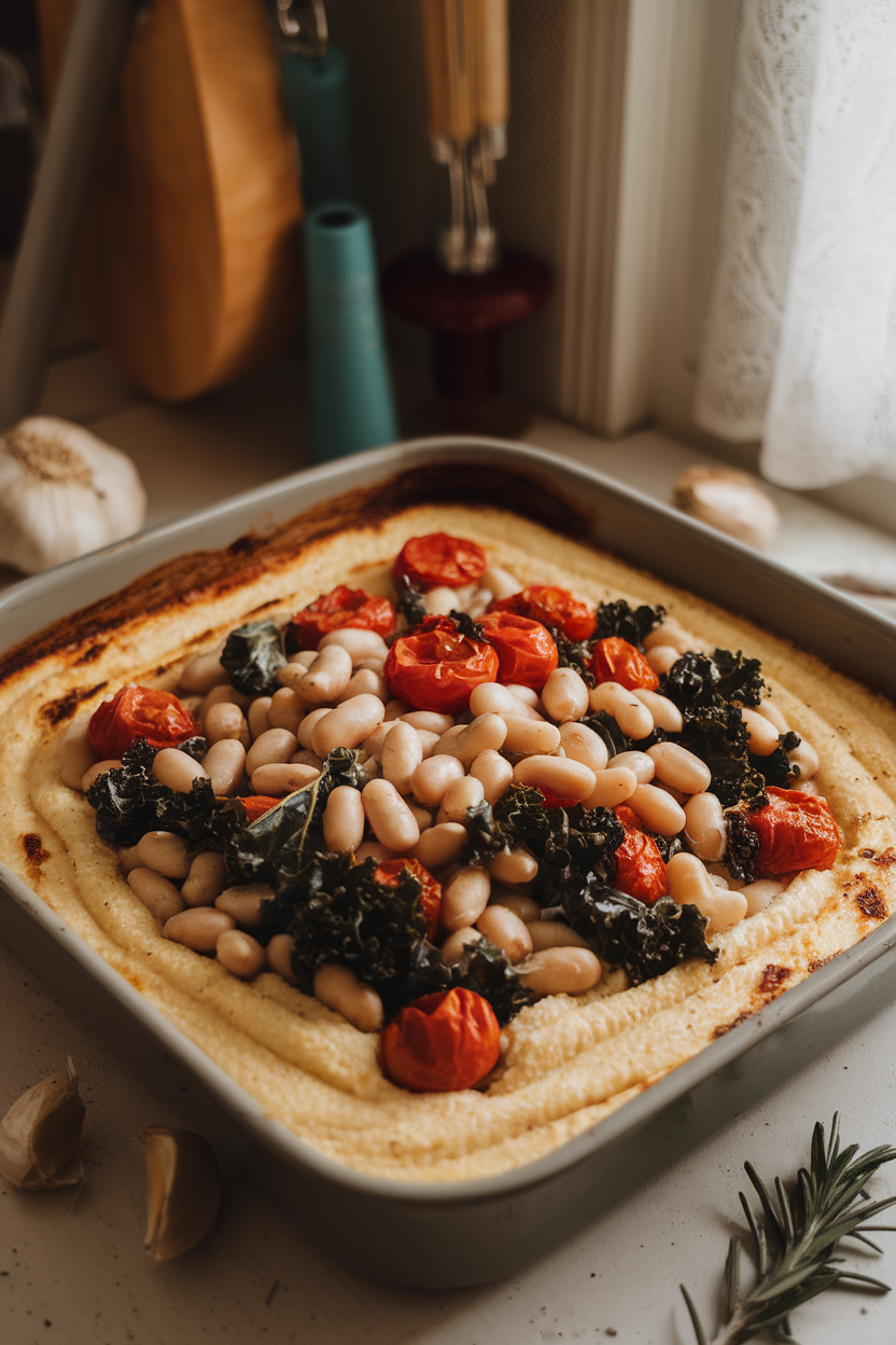 Warm kitchen shot of a baking dish with creamy polenta, white cannellini beans, kale, and oven-roasted grape tomatoes, lightly browned. No visible branding or text.