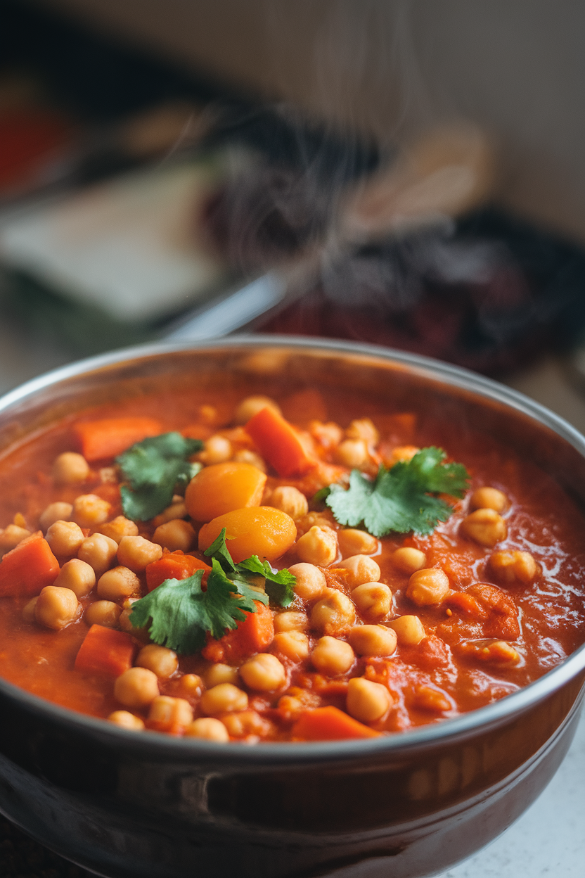 Indoor photo of a deep bowl of tomato-based chickpea stew dotted with carrots, apricots, and cilantro, steam rising. No text or logos.