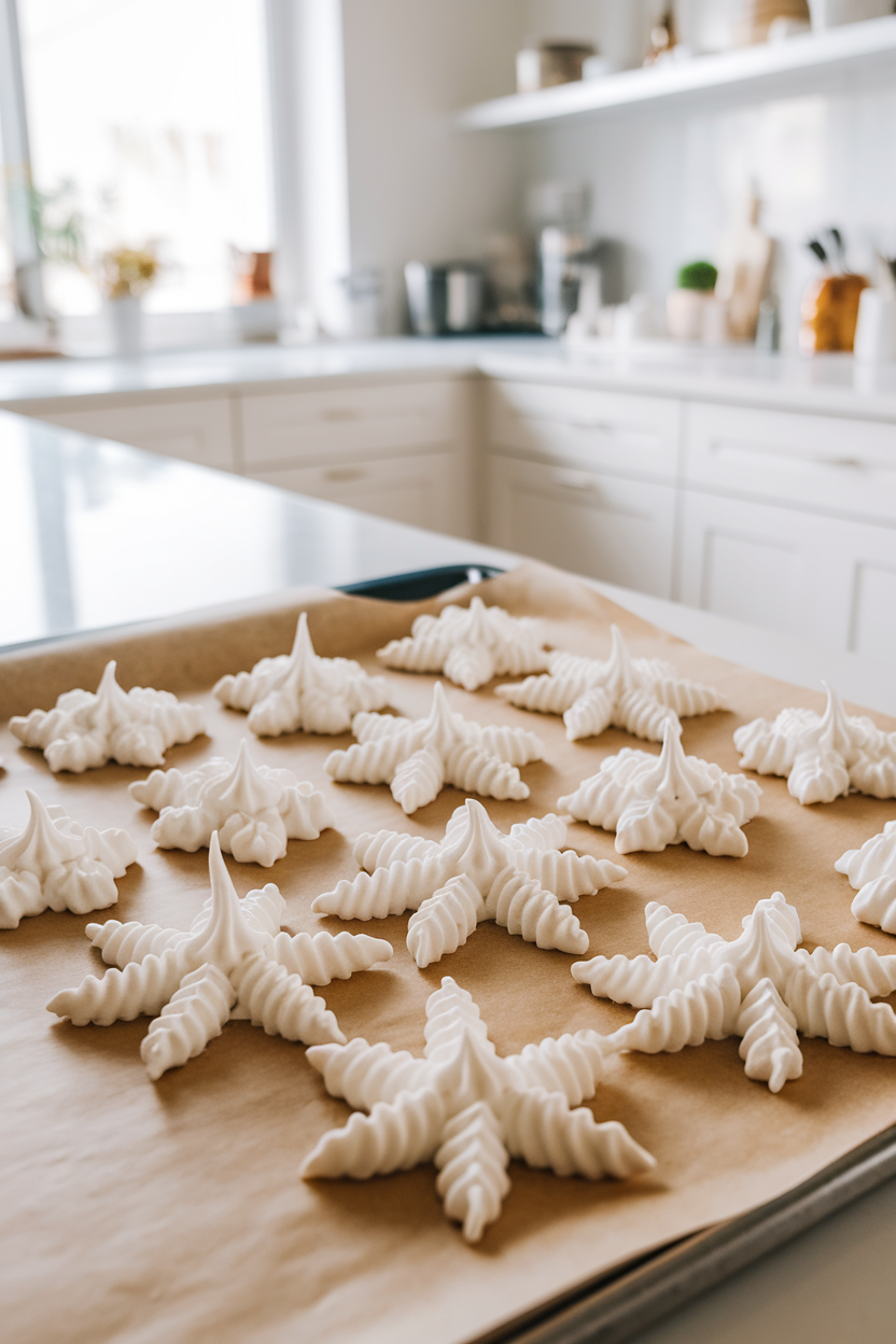 Light, airy meringue cookies piped as snowflakes on parchment inside a bright kitchen, no text or logos.</Prompt