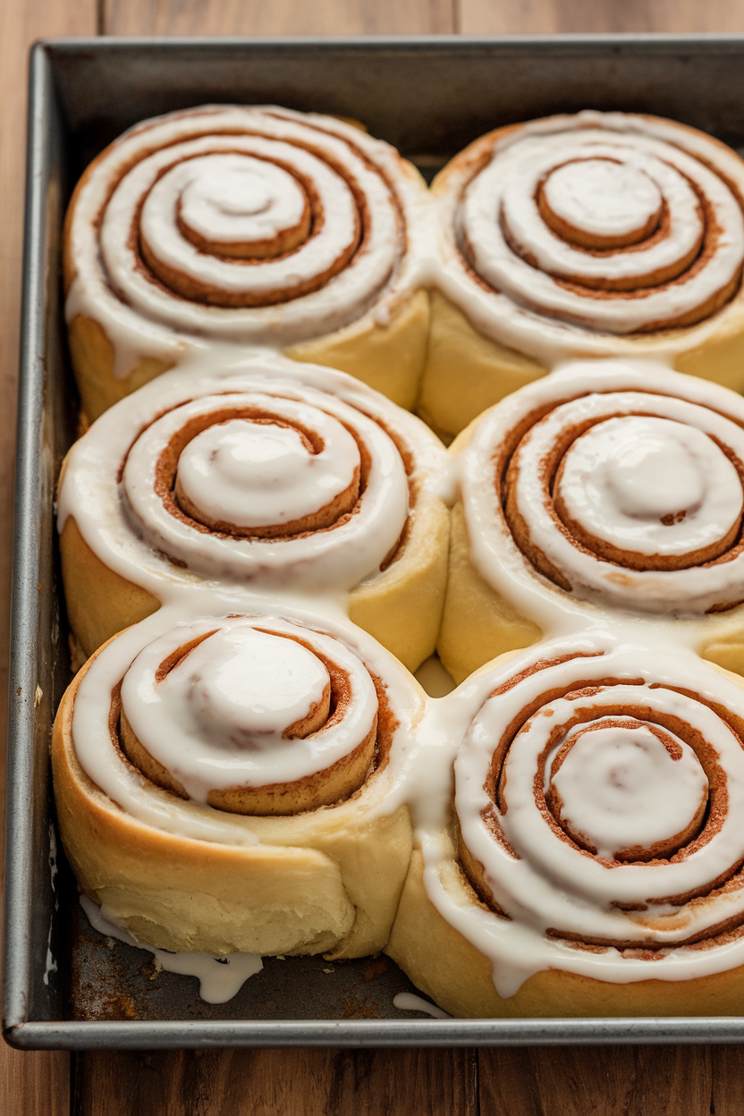 Indoor baking pan filled with spiraled cinnamon rolls covered in cream cheese frosting, one roll pulled slightly out. No text or logos. Photo only.