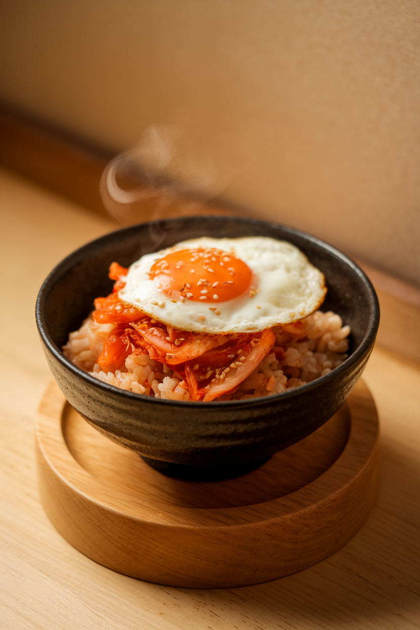 Indoor bowl of steaming brown rice topped with kimchi, fried egg, and sesame seeds, no text or logos.