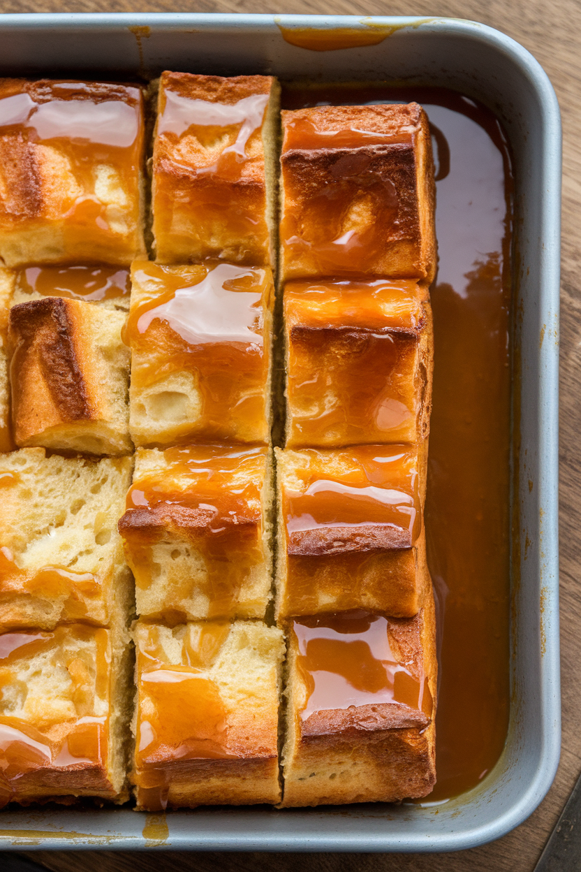 Indoor photo of bread pudding cubes in a baking dish covered with salted caramel drizzle, no text or logos