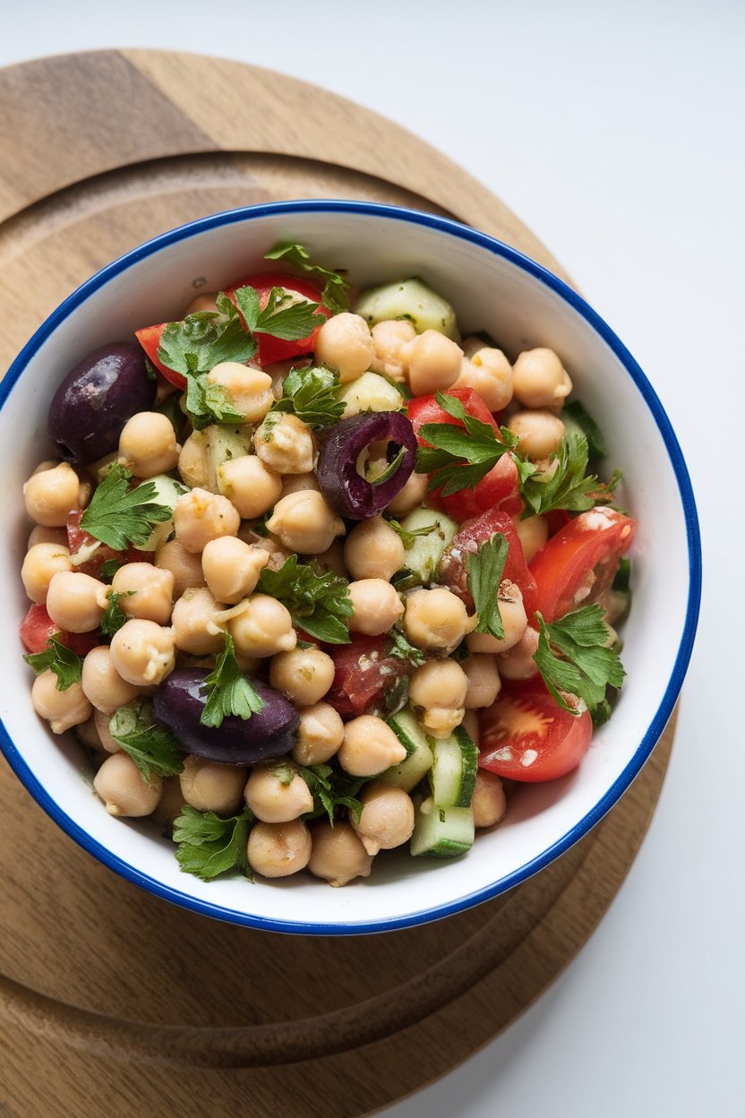 Indoor serving bowl holding chickpeas, cucumbers, tomatoes, olives, and parsley tossed in vinaigrette; bright overhead lighting, no text or logos.