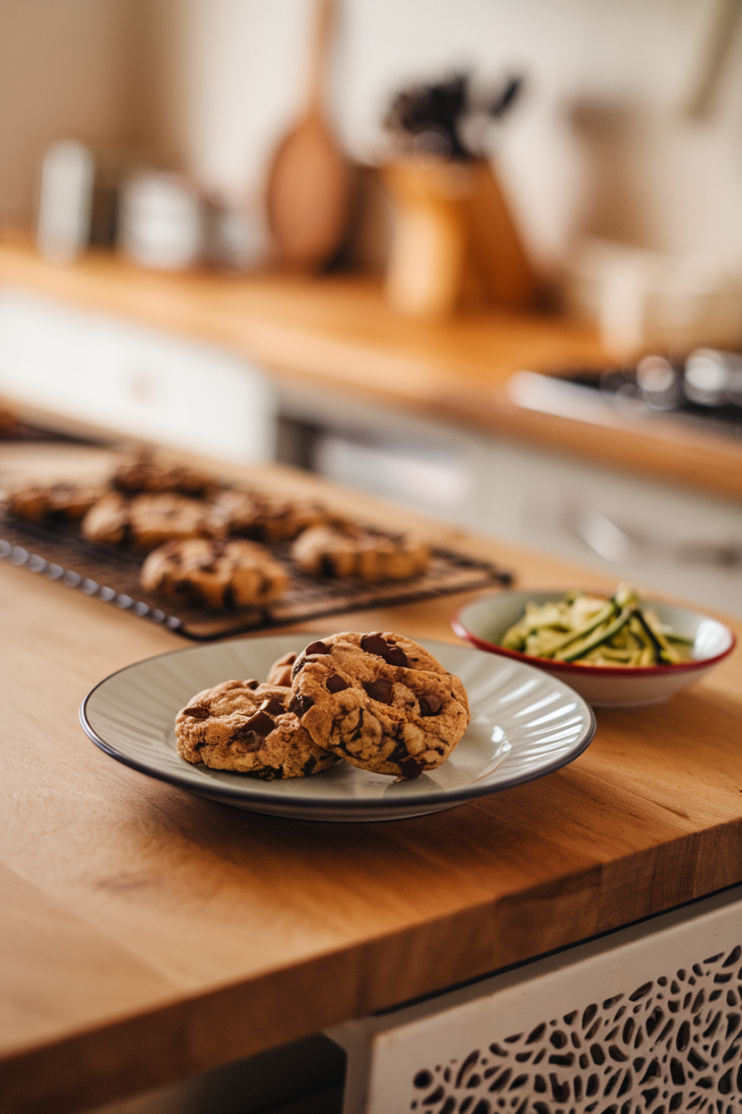 Photo prompt: Indoor kitchen island with chocolate-chip zucchini cookies, shredded zucchini in a small dish nearby, no branding.