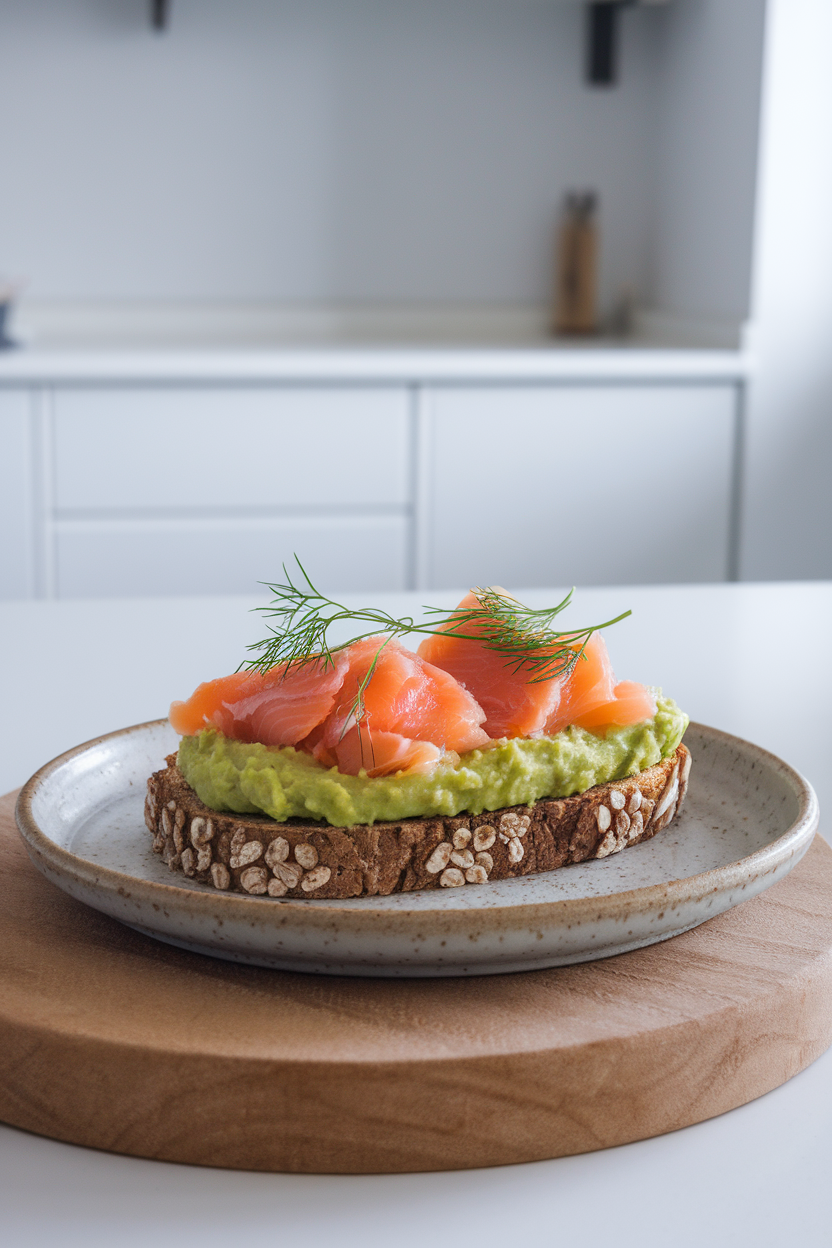 Indoor photo of whole-grain toast topped with mashed avocado, cooked flaked salmon, and dill sprigs on a ceramic plate; bright kitchen lighting; no text or logos.