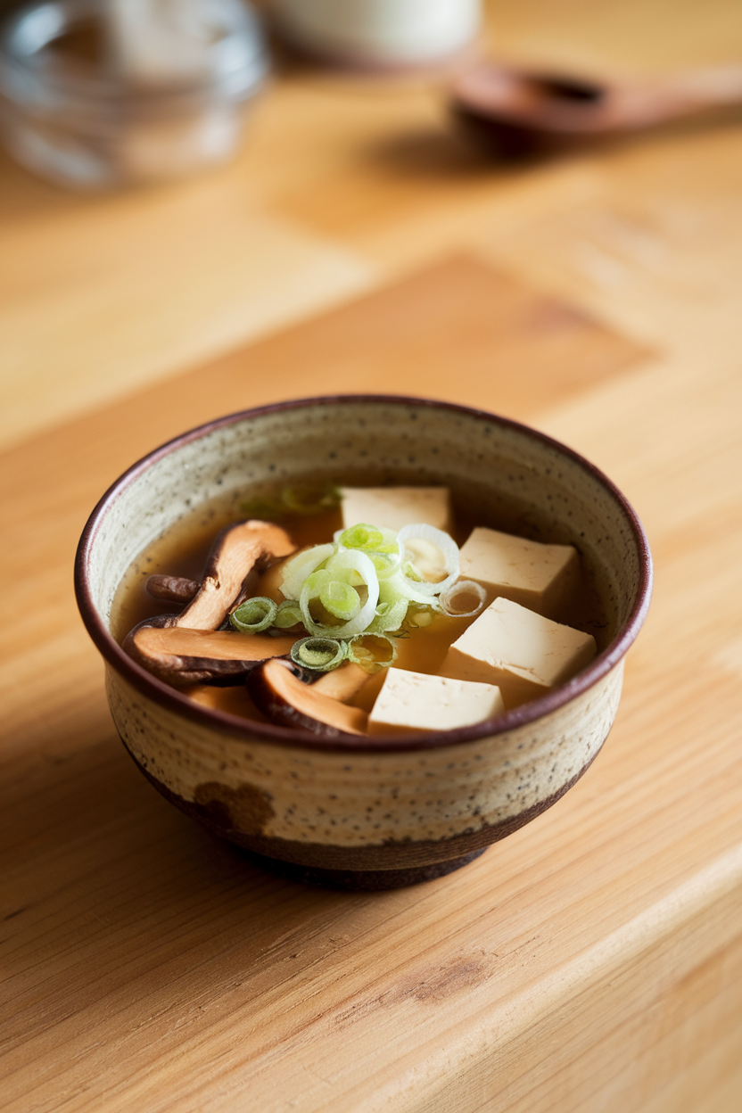 A ceramic bowl on an indoor countertop filled with clear miso broth, sliced shiitake mushrooms, tofu cubes, and thinly sliced scallions. No text or logos visible.