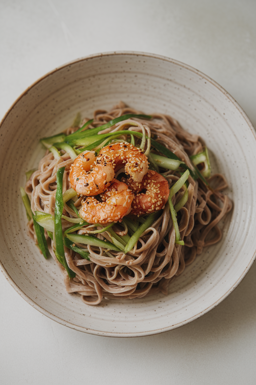 An indoor photo of chilled soba noodles mixed with julienned veggies and topped with sesame-coated shrimp on a minimalist plate. No text or logos.
