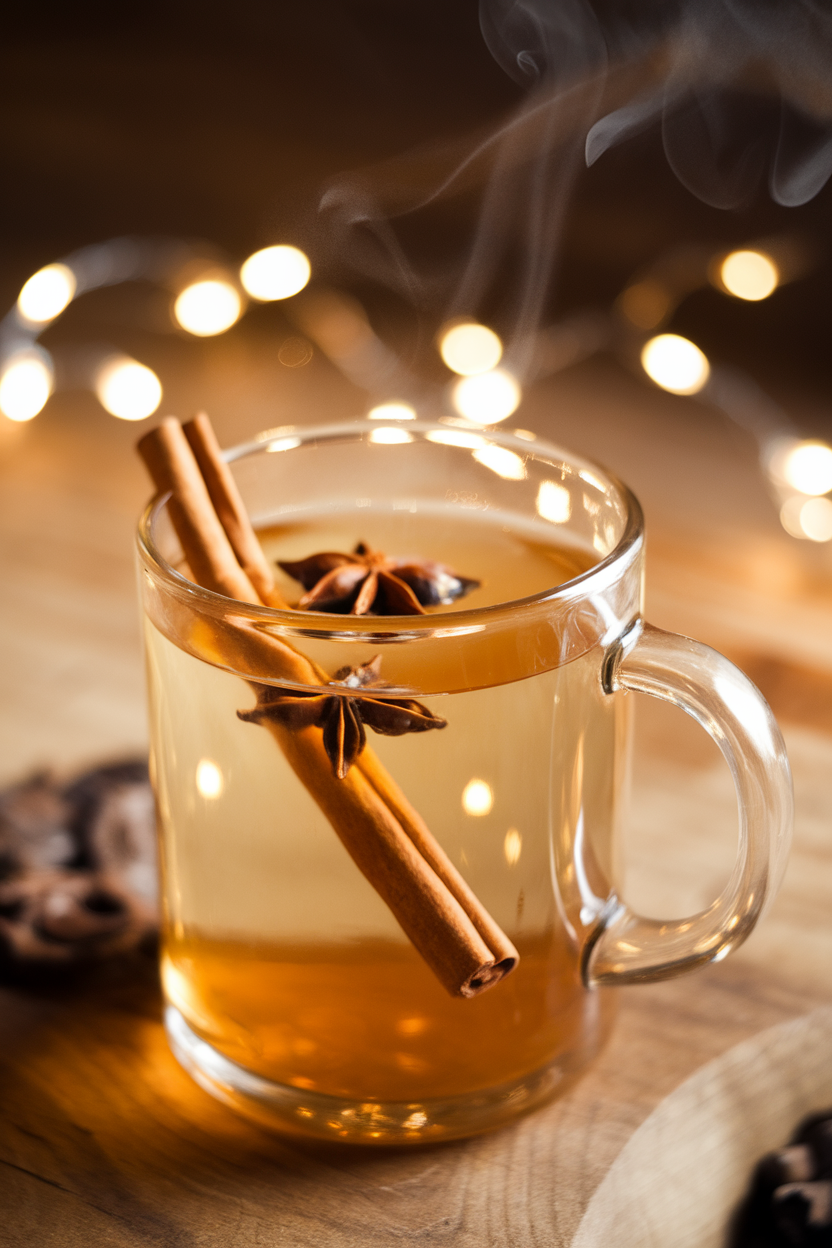 Photo of an indoor clear glass mug of steaming apple cider with floating cinnamon stick and star anise, soft fairy lights blurred in background. No text or logos visible.