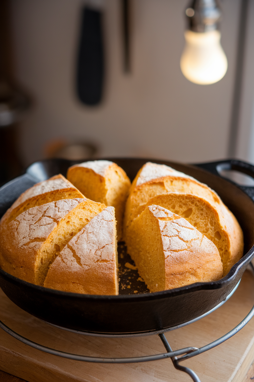 An indoor cast-iron skillet resting on a trivet, filled with golden kefir cornmeal bread sliced into wedges. No text or logos. Photo only.