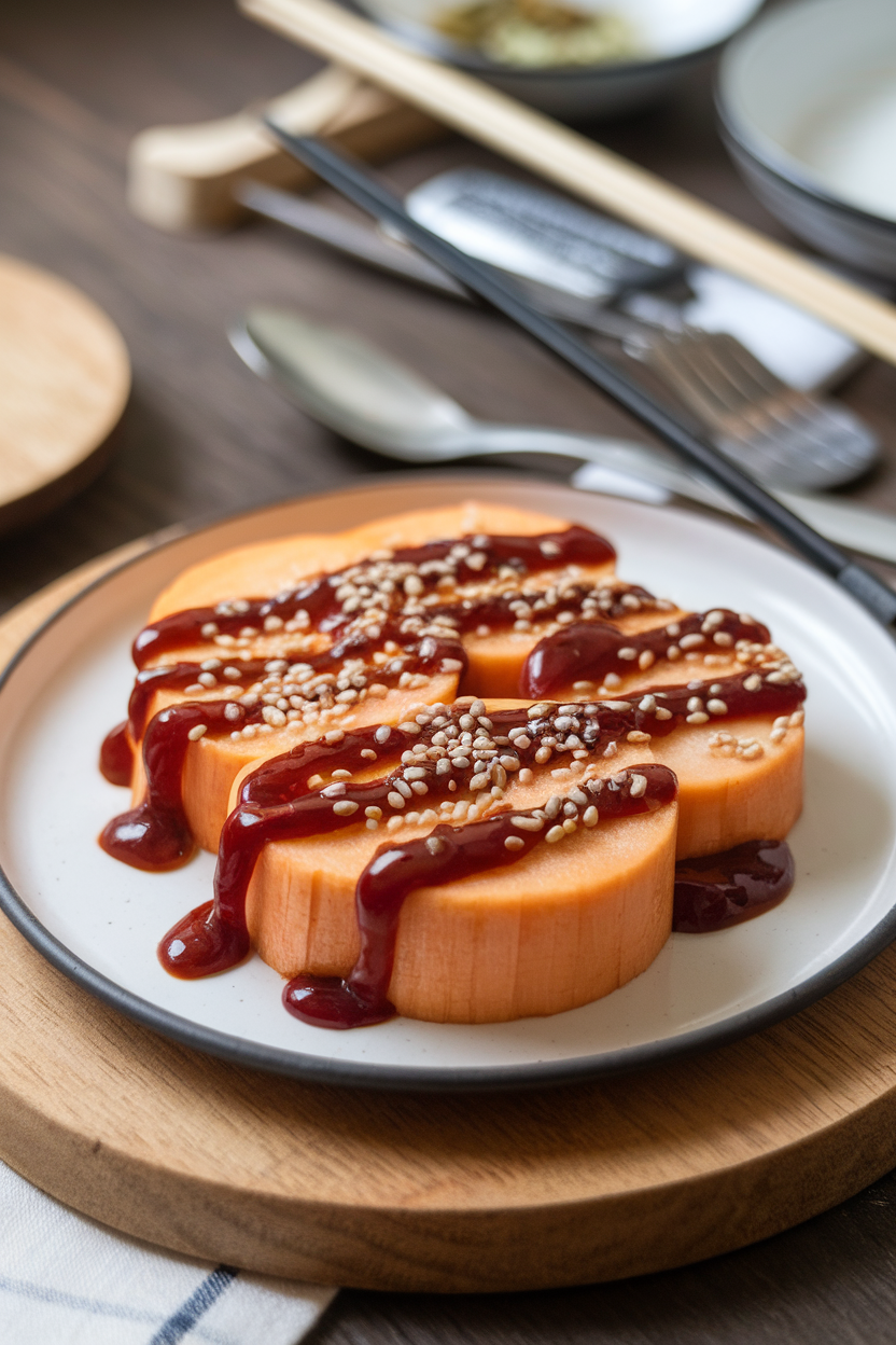 Indoor plate of thick daikon rounds topped with gochujang sauce and sesame seeds. No text or logos.