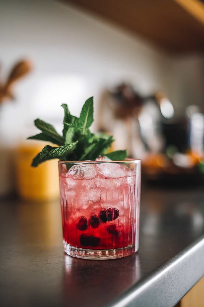 Indoor countertop with a rocks glass of crushed-ice cocktail, muddled cranberries visible, and a mint bouquet garnish. No text or logos; photograph, not illustration.