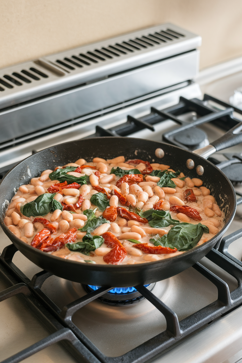 An indoor stovetop scene showing a skillet filled with creamy cannellini beans, sun-dried tomatoes, spinach, and a light almond-milk sauce. No text or logos. Photo.