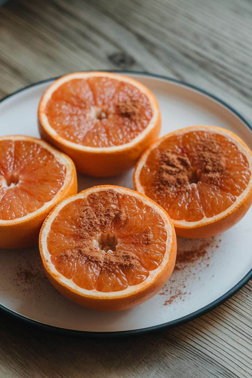 An indoor breakfast plate featuring broiled grapefruit halves caramelized on top, cinnamon sprinkled—no text or logos; photo, not illustration