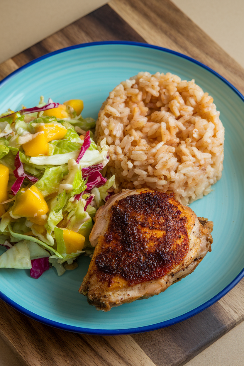Indoor photo of jerk-spiced chicken thigh, scoop of coconut brown rice, and bright mango slaw on a plate. No text or logos.