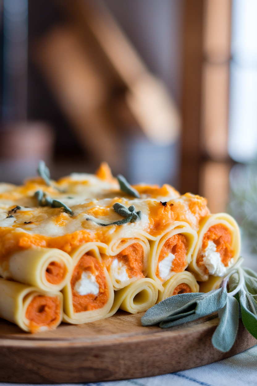An indoor casserole dish lined with rolled lasagna noodles stuffed with orange butternut purée and ricotta, topped with bubbling cheese and sage. No text or logos anywhere.