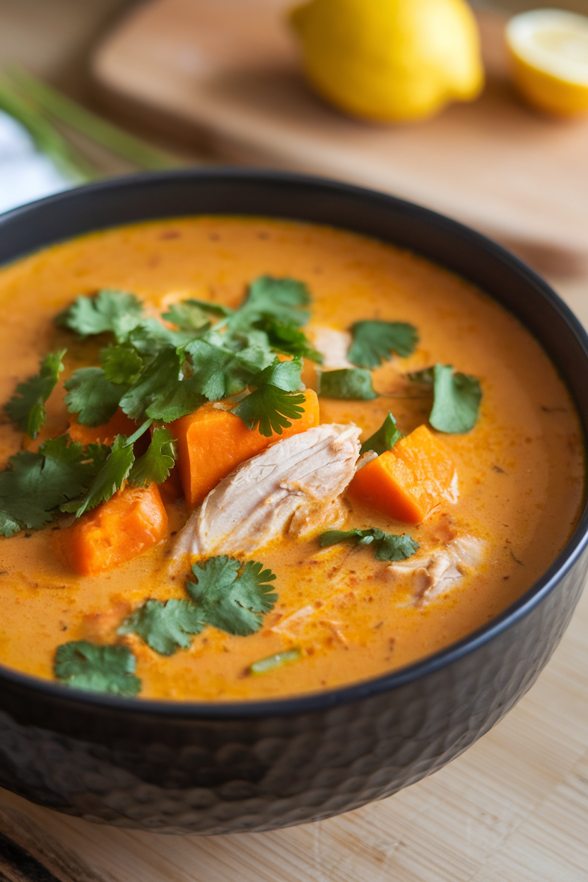 An indoor bowl of orange-hued soup featuring chunks of chicken and sweet potato, topped with cilantro. No text or logos. Photo.