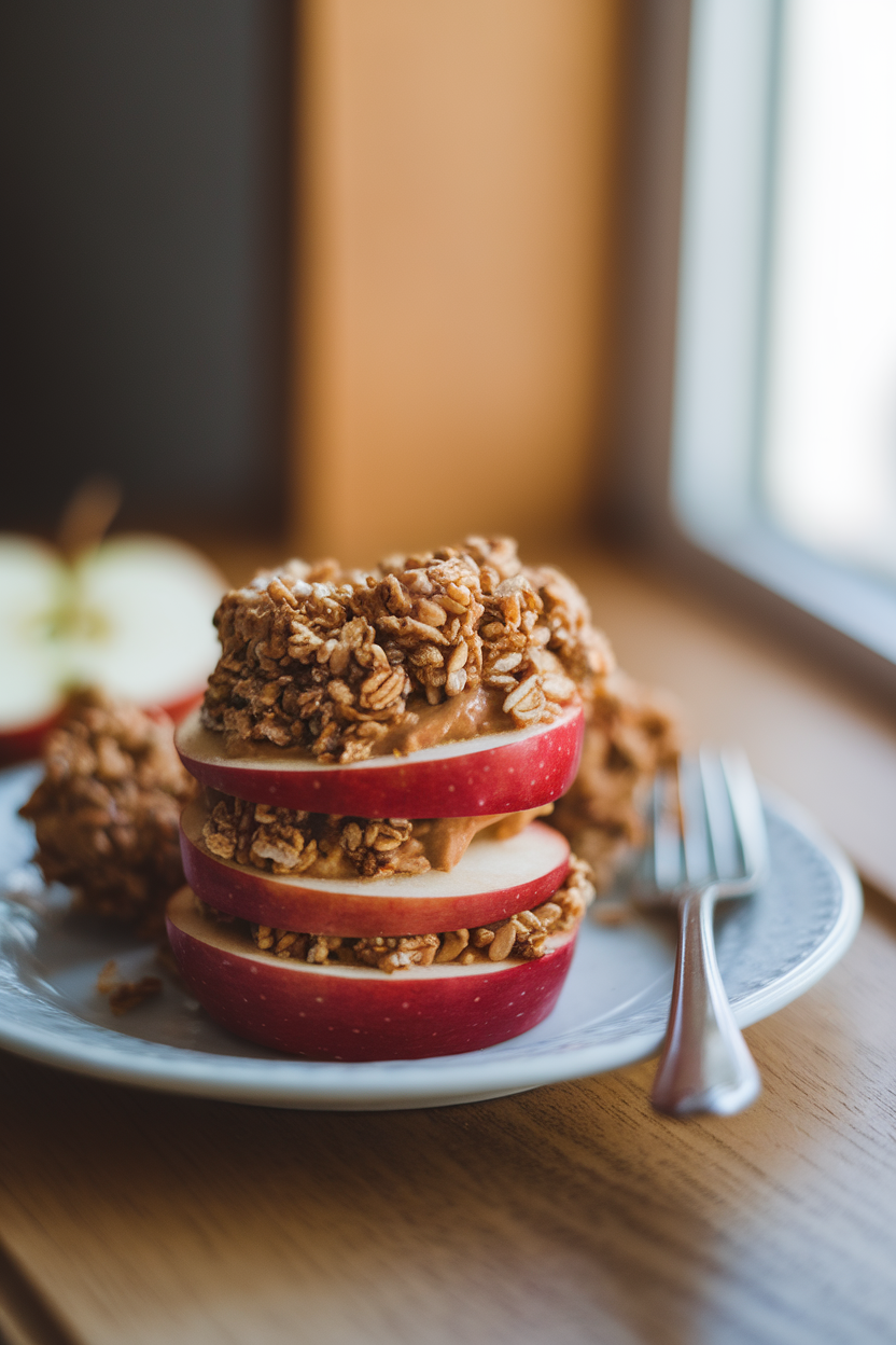 A small indoor snack plate with stacked apple rings filled with peanut butter and rolled in granola crumbs, soft morning light from a window. Photo, no text or logos.