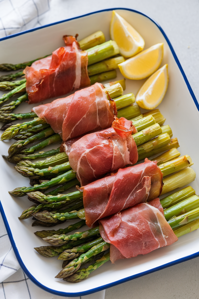 Photo of a white indoor platter of roasted asparagus spears wrapped in crisped prosciutto, lemon wedges on the side. No text or logos visible.