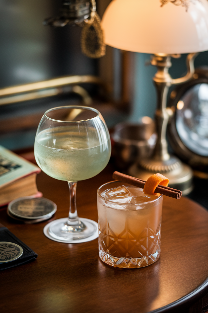 Indoor speakeasy-style table featuring a short glass of maple cinnamon sazerac, absinthe-rinsed glass showing pale green sheen. Photo, no text or logos.