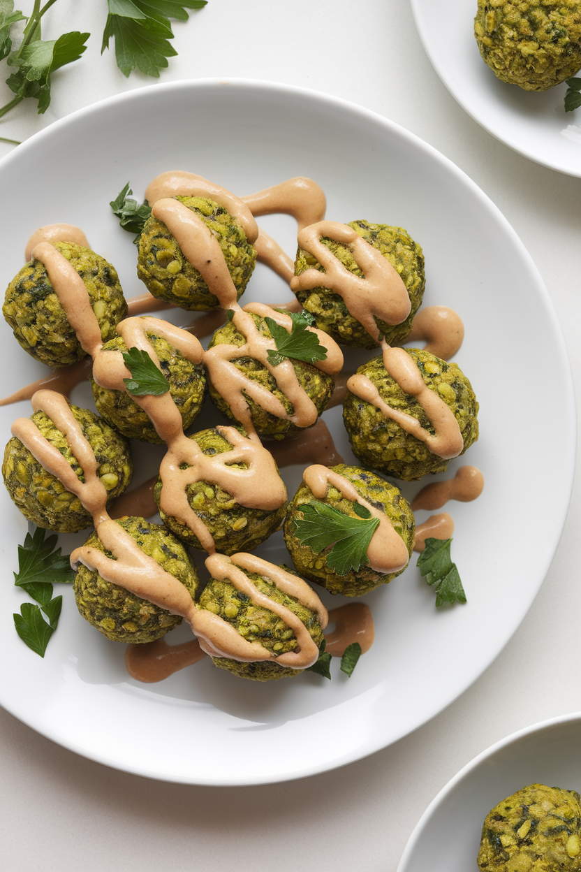 Indoor photo of small baked green-lentil falafel balls on a white plate with a drizzle of tahini sauce and parsley garnish. No logos or text.