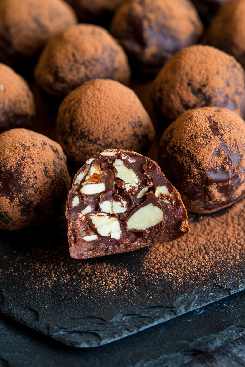 Close-up indoor photo of cocoa-dusted date truffles arranged on a slate board, one cut open to show almond pieces inside. No text or logos visible.