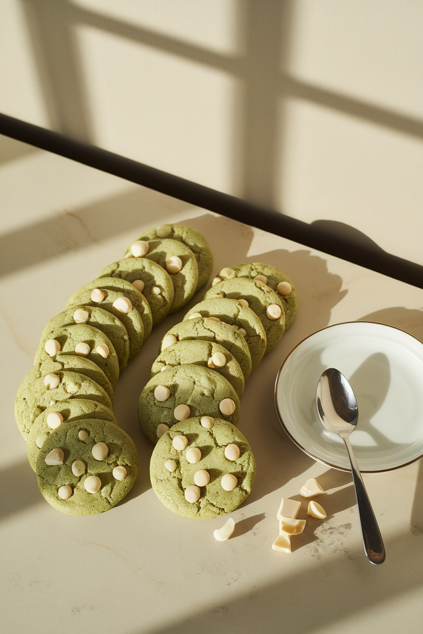 Photo prompt: Indoor table with pale green matcha cookies studded with white chocolate chunks, no branding or text present.