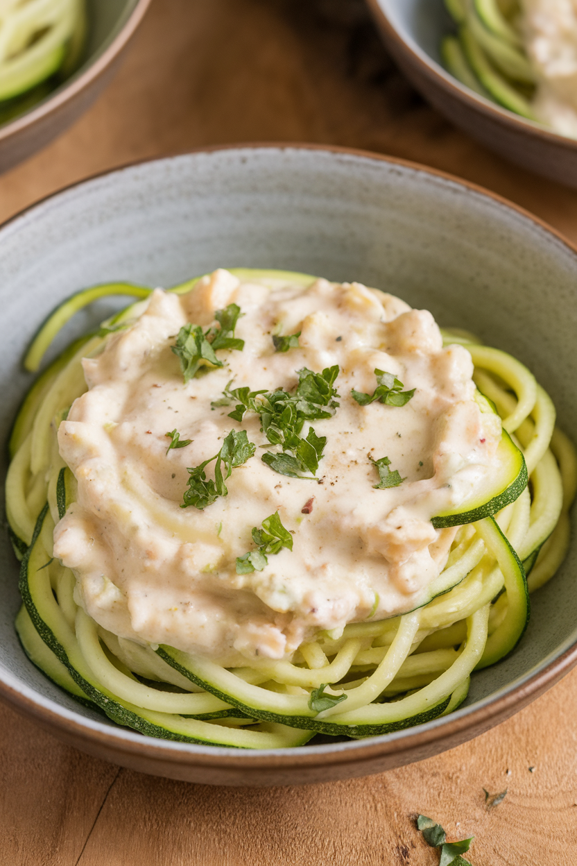 Indoor shallow bowl containing zucchini noodles coated in a light cauliflower Alfredo sauce, topped with parsley. No text or logos.