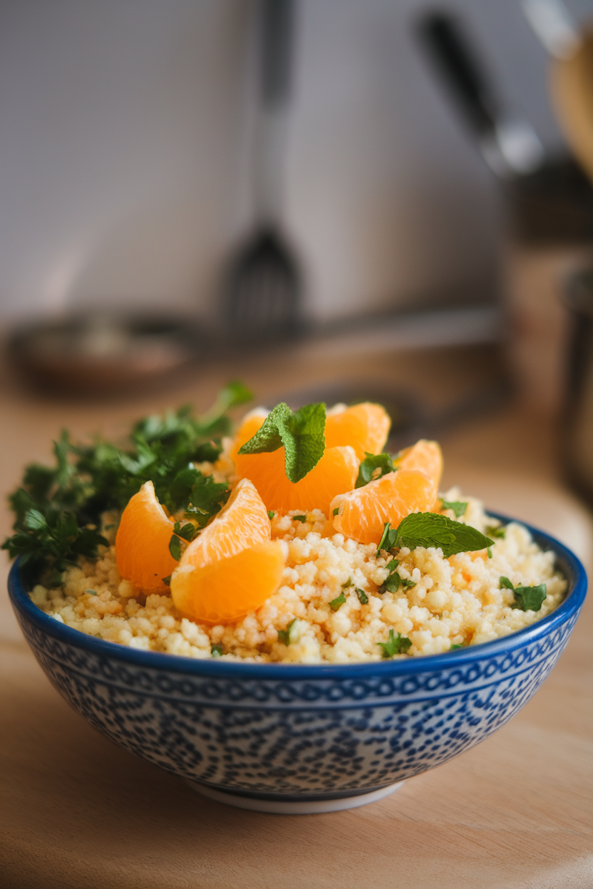 Indoor photo of couscous with orange segments, chopped mint, and parsley in a wide bowl. No text or logos.