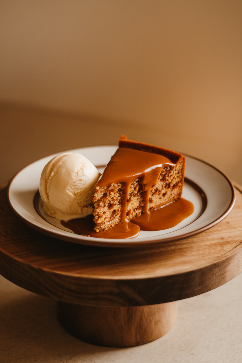 An indoor dessert plate with moist date cake drenched in toffee sauce, scoop of vanilla ice cream beside, photo, no text or logos.