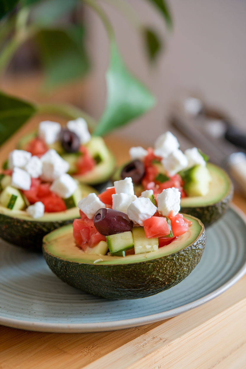 Halved avocados filled with diced tomato, cucumber, olives, and feta, placed on an indoor serving plate. No logos or text. Photo only.