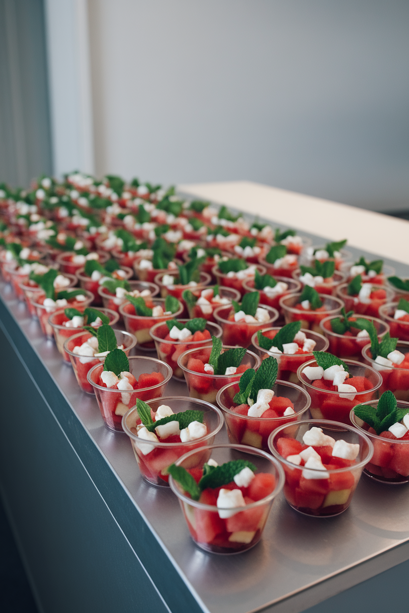 Indoor counter lined with small clear cups of diced watermelon, crumbled feta, and fresh mint leaves. No text or logos visible. Photo only.